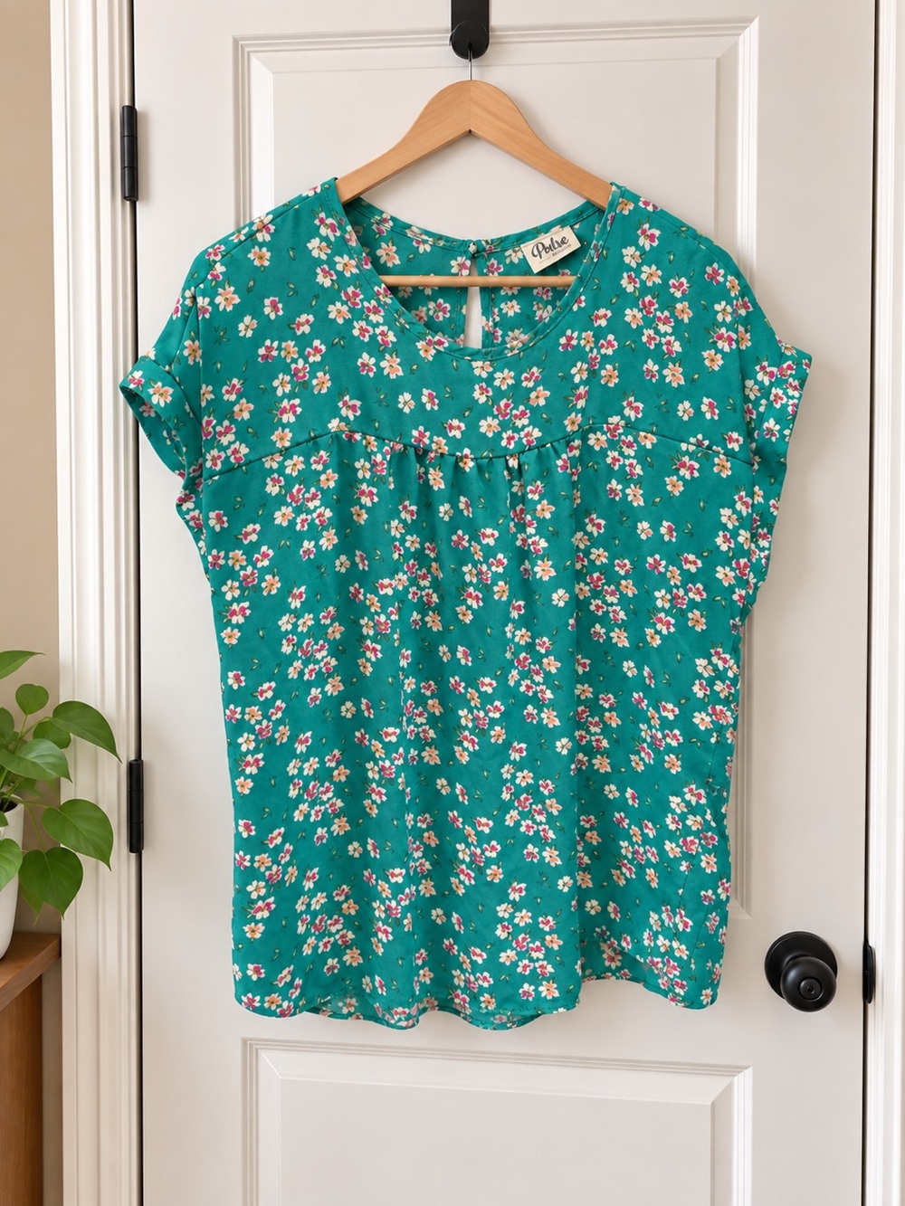 Teal Floral Short Sleeve Blouse